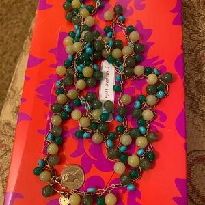 STELLA & DOT STONE NECKLACE SEMI PRECIOUS W/COIN REPLICA BOHEMIAN 45 1/2 INCHES